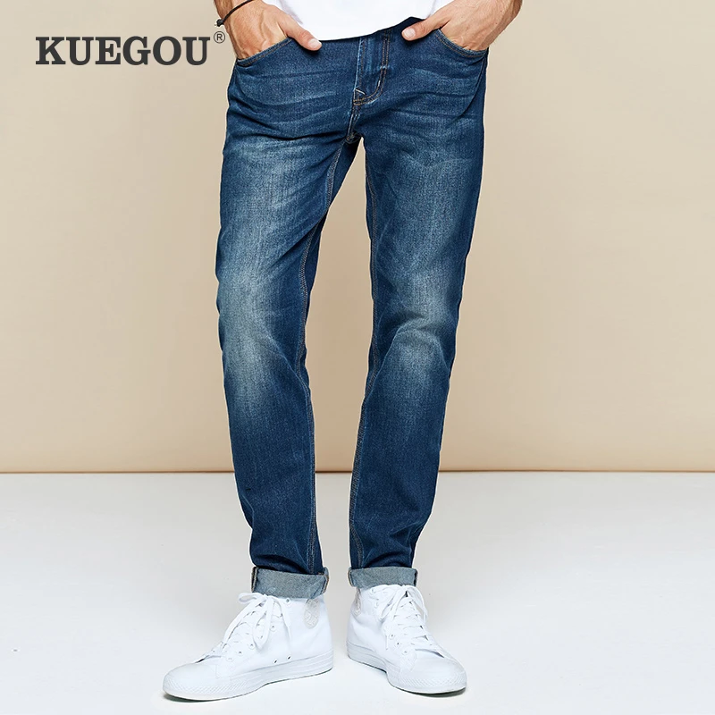 Мужские облегающие джинсы KUEGOU синие хлопковые джинсовые брюки стрейч в стиле хип
