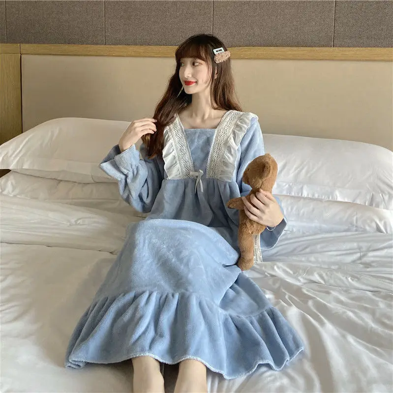 Женские ночные рубашки с кружевом коралловый флис длинные оборки милые