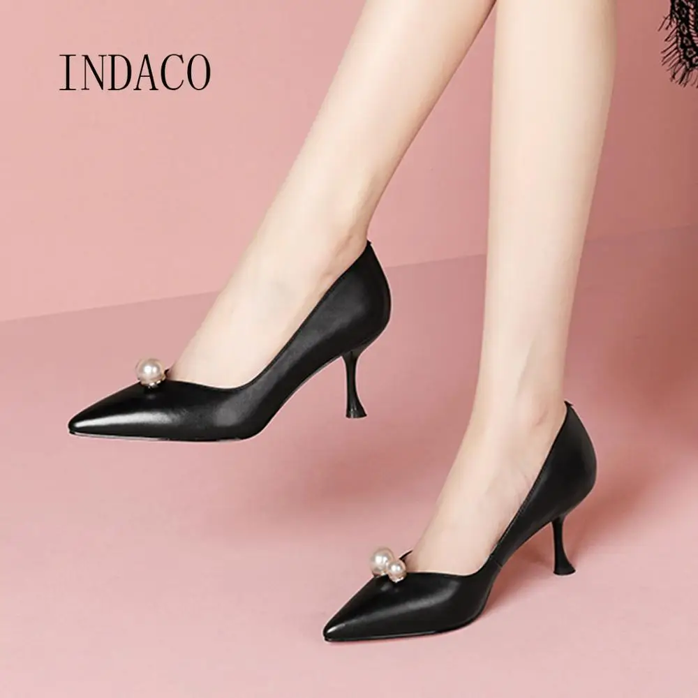 

Fashion Women Heels Leather White Pumps High Heel Women Shoes Pointed Toe Single Shoes Pearl Party Shoes