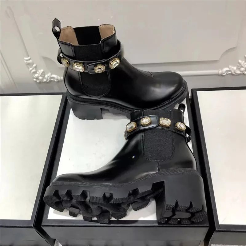 

High version Thick Heel Womens Boots Crystal Design Platform Shoes Genuine Leather Black Short Boots Free Ship Size 35-40