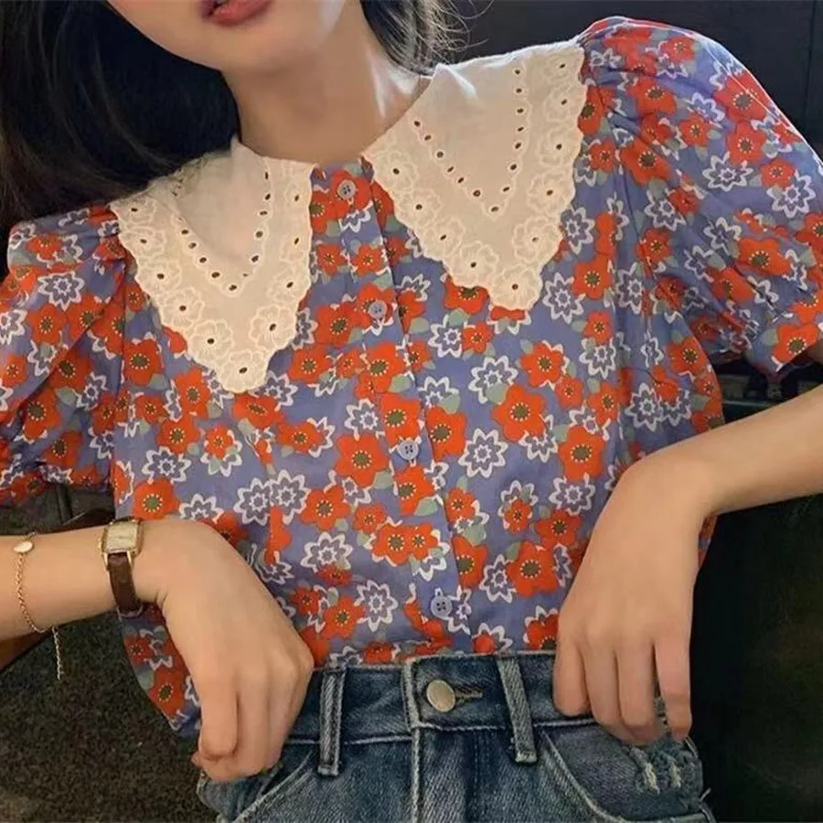 

Floral Blusas Mujer Office Ladies 2021 Summer Tops Turn-down Collar Sweet Women Blouses Vintage Korean Print Cute Shirts