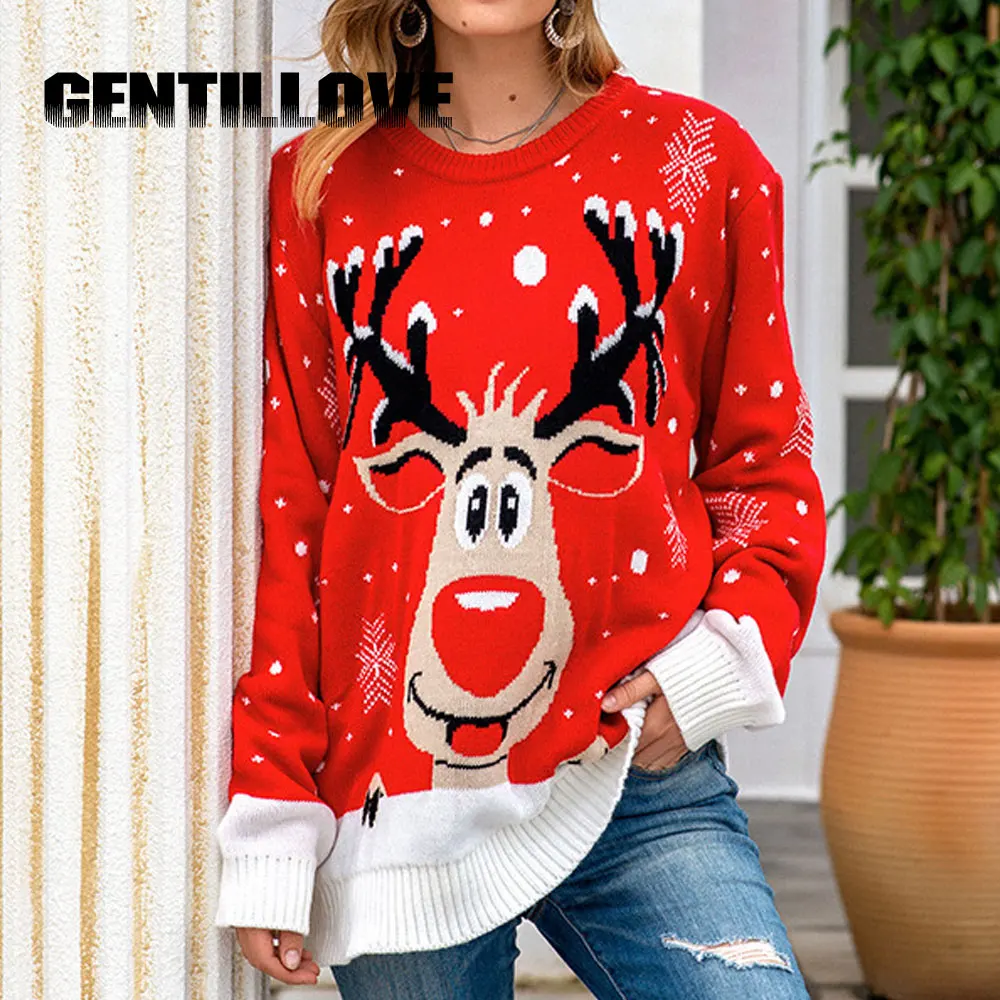 

2021 Christmas Women Sweater Winter O Neck Long Sleeve With Elk Deer Female Pullover Lady Jumper Warm Oversized New Year Top