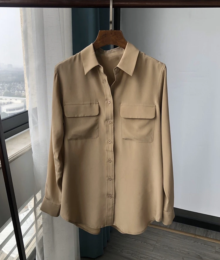 

Soft ladies office wear Blouse Top 100% Silk Women Long Sleeve OL Shirt Double Pockets