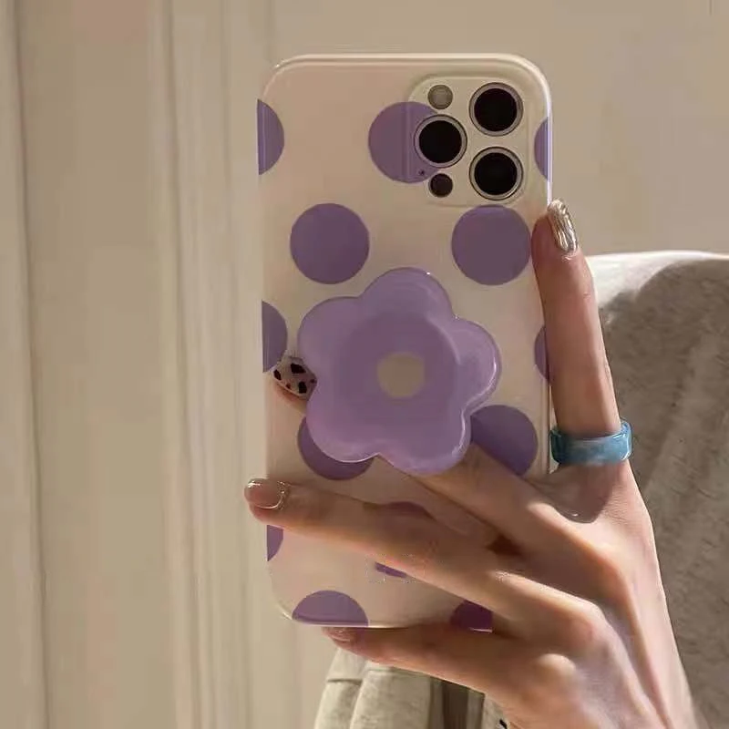 

Korean Rogue Wave Point Purple Flower Bracket Soft Case For IPhone 7 8 PLus X XR XS 11 12 Pro Max Lovely Protection Bumper Cove