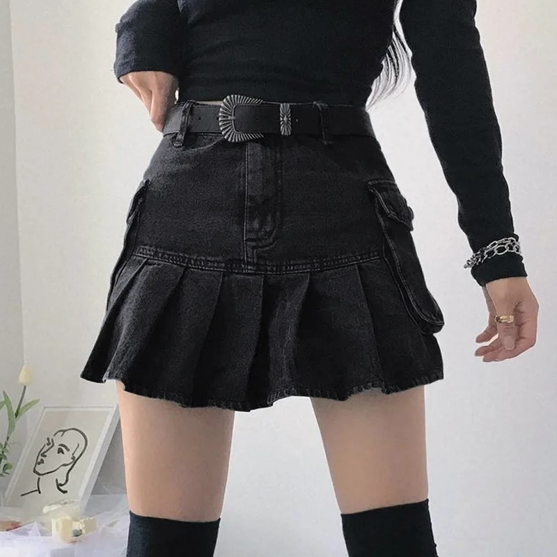 

Vintage Black Patchwork Pleated DENIM SKIRT 2021 Summer Women's High Waist Y2k Sexy High Street Mini Skirts