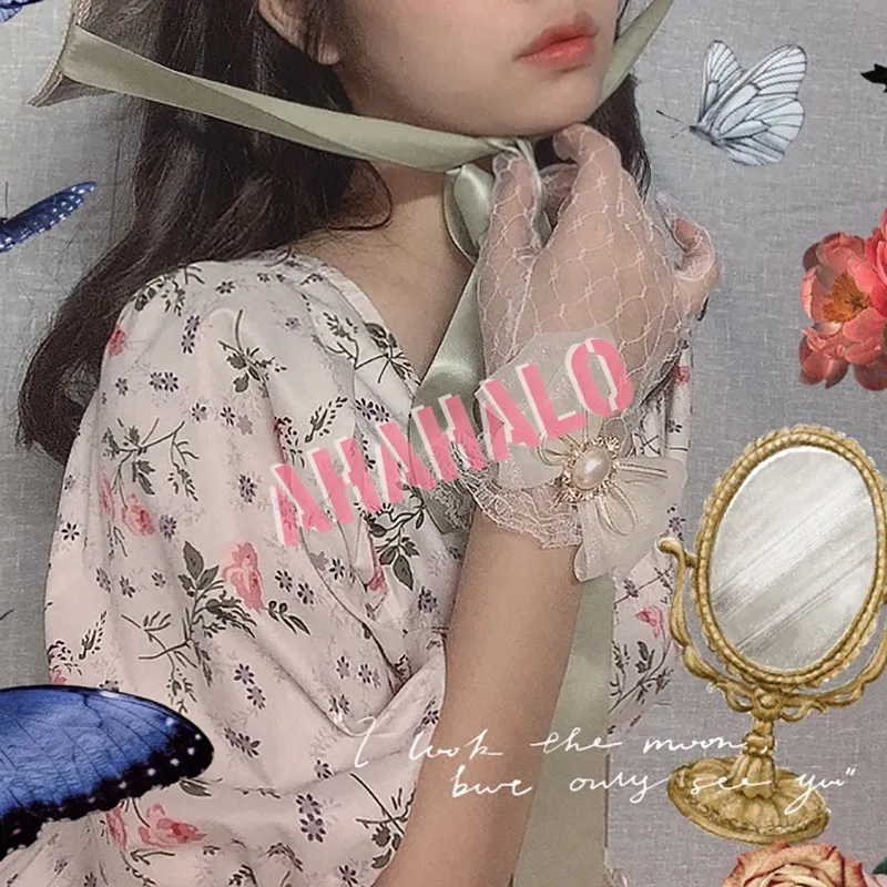 

Handmade Lolita Gloves Sweet Girl Maid Wedding Bride Gorgeous Summer Bow Pearl Lace Gloves Mittens Accessories Gift