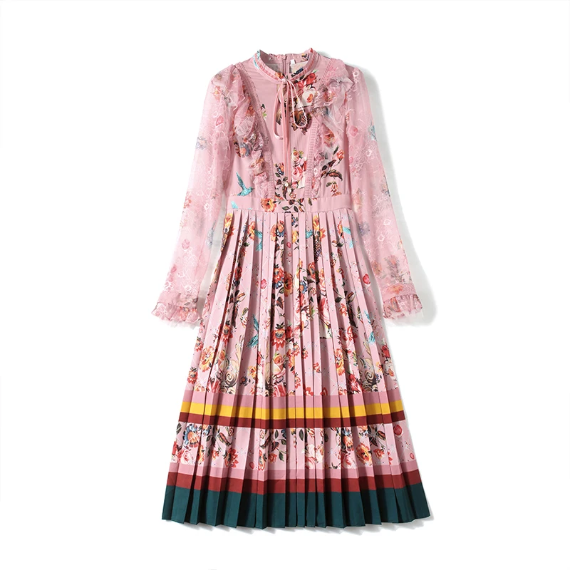 

New Elegant Vintage Women Print Mesh Patchwork Slim Tunic Pleated Dress Evening Party Clothing Lady Long Sleeve Dresses