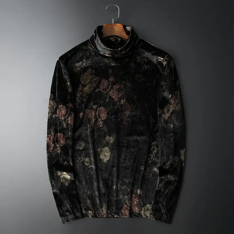

Мужская Винтажная футболка из замши и флиса, черная футболка с цветочным принтом и растительным золотом, 2021