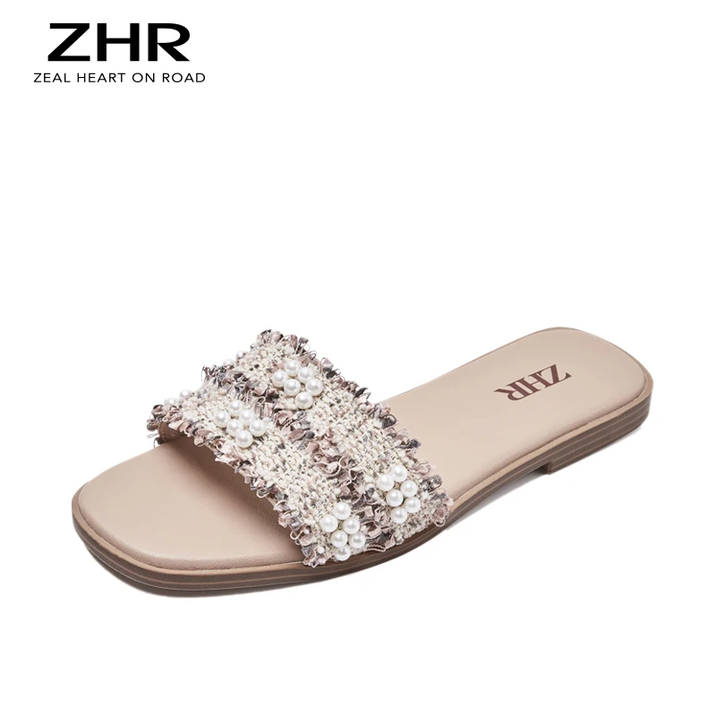 Женские шлепанцы с жемчугом богемные сандалии на плоской подошве роскошные