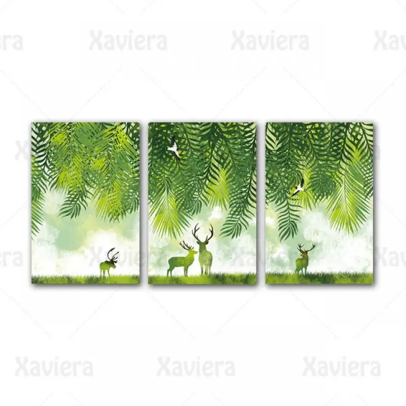 

Nordic Painting Green Spring Forest Deer Landscape Picture Home Decoration for Living Room Hanging Mural Wall Art Frameless
