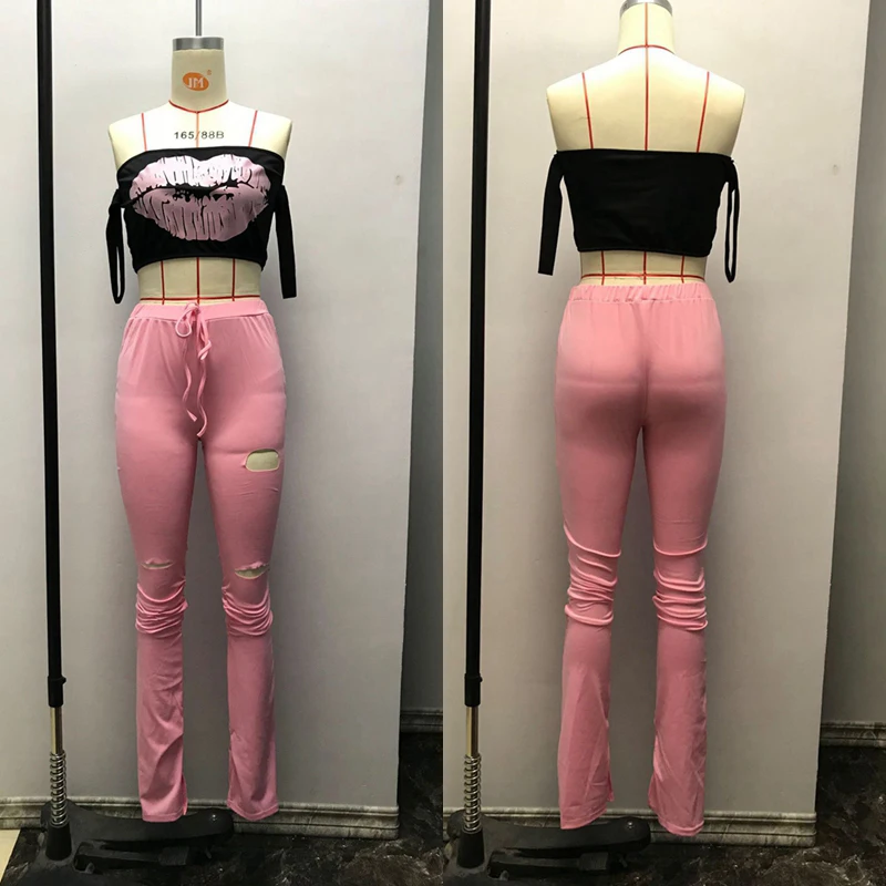 

ZKYZWX Plus Size 2 Piece Set Women Outfits Lips Crop Top and Hole Split Pant Tracksuit Matching Sets Lounge Wear Sweat Suits