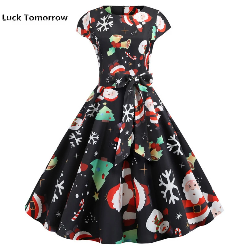 Повседневные Черные рождественские платья с принтом Санты размера плюс 50s 60s