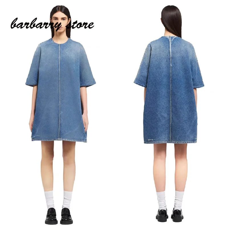 

Роскошная Высококачественная джинсовая юбка с градиентом 2021, свободное тонкое модное универсальное женское платье с коротким рукавом, мил...