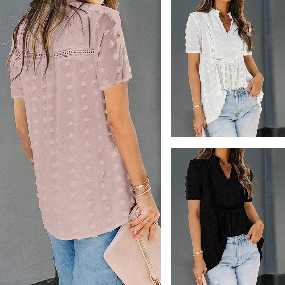 

Women Swiss Dot Chiffon Shirt Vogue Plain Color Flowy Short Sleeve Blouse Female Leisure V Neck Crochet Lace Boho Babydoll Tops