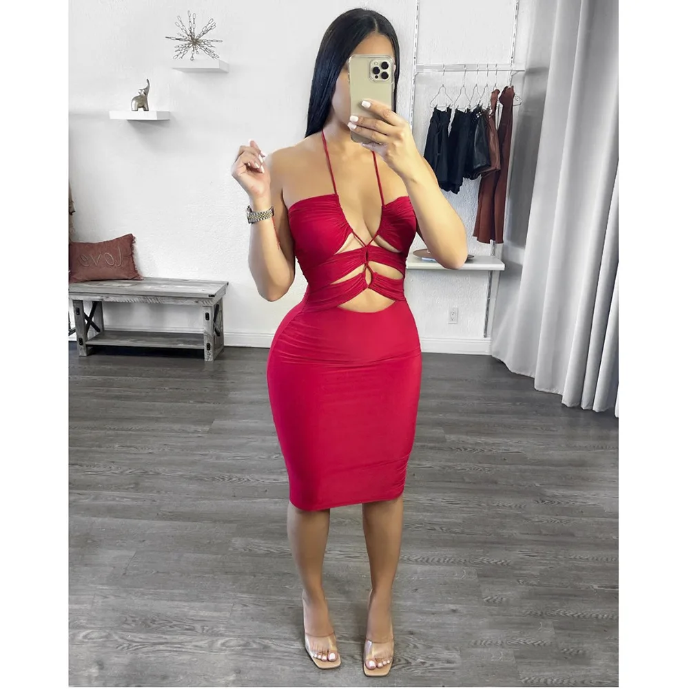 

Ursuper2021 Summer New Solid Color Sexy Strap Women's Dress Lace-up Cutout Sexy Skirt