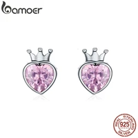 bamoer authentic 925 sterling silver sweet pink heart of crown stud earrings for women luxury silver jewelry bijoux gift sce174
