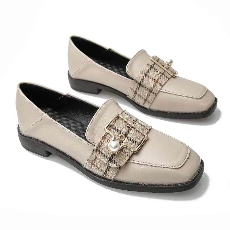 

Pumps Women Shoes Low Heels Loafers Patchwork Slip on Shoes Square Toe Shoes Pearl Buckle Slides Zapatos De Mujer Black Apricot