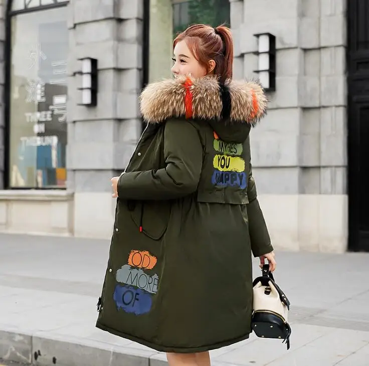 army green Женские пуховики тонкие модные хлопковые пальто с меховым воротником ветрозащитные белые пуховики на утином пуху для женщин зимние большие размеры длинные пальто - Цвет: army green