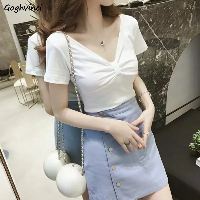 

Women Short Sleeve T-shirts Skinny Slim Knot Trendy Crop Tops Tees V-neck Sexy Backless Ladies Solid Basic Ulzzang Casual Chic