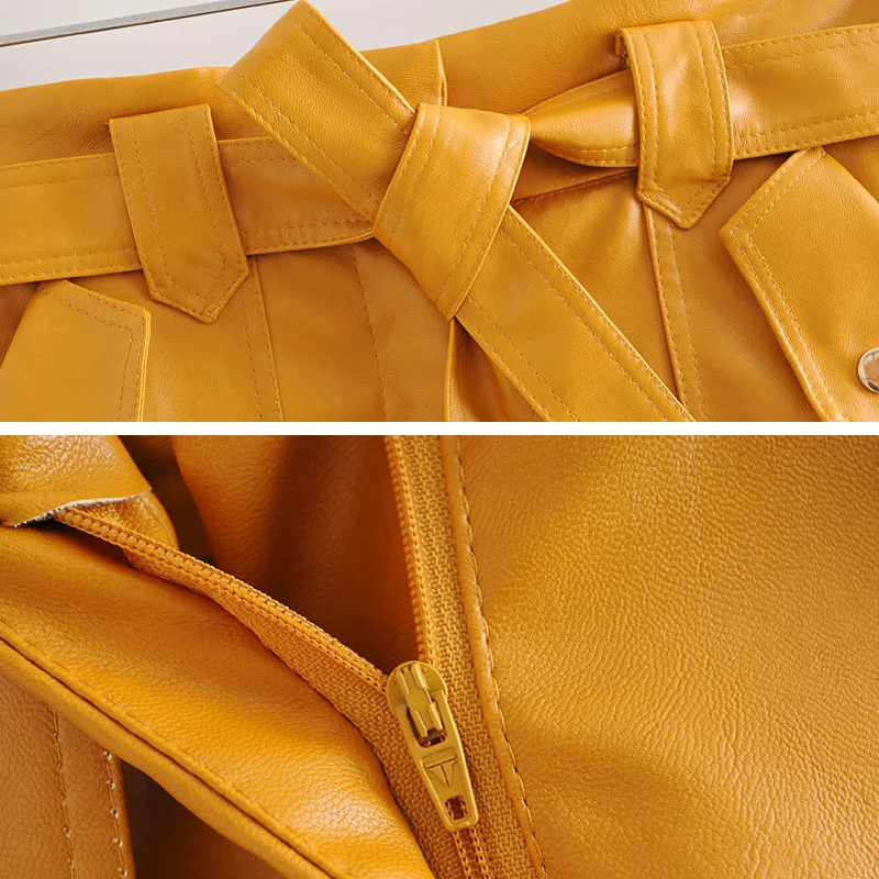 

Yellow With belt Women mini skirt 2019 Autumn Winter High waist Faux leather skirt Fashion ruffles Female Bottoms YNZZU YB383