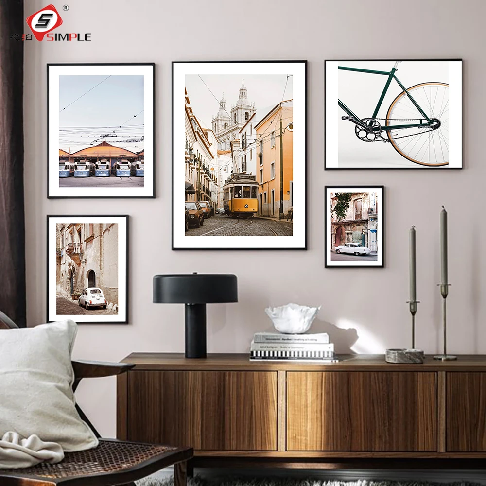 

Vintage Car Posters Livingroom Wall Art Print Canvas Old Italian Town Lisbon Painting Cuba Gothenburg Retro Bike Decor Pictures