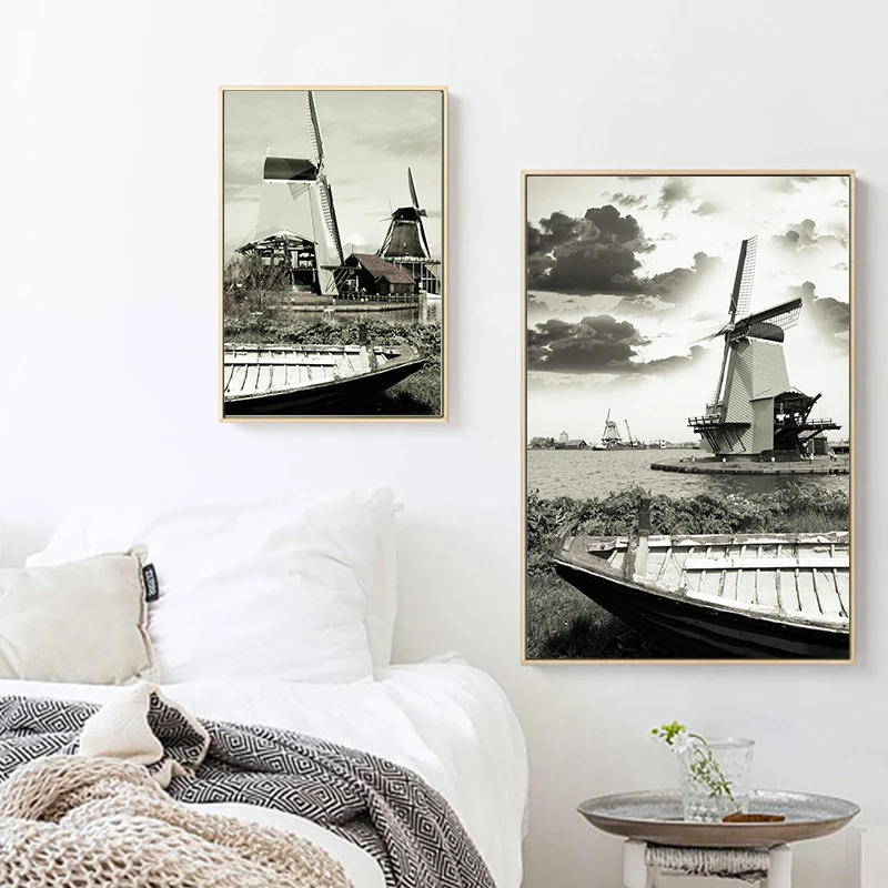 Голландские ветряные мельницы черно-белые плакаты и принты домашние настенные