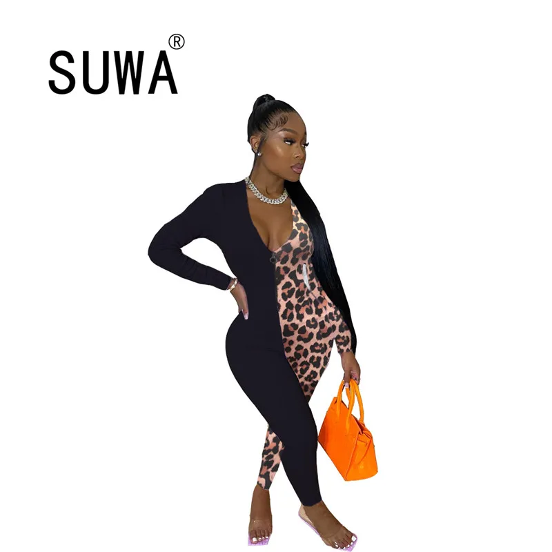 

Contrast Color Patchwork High Waist Pencil Pants Women Workout Clothes Deep V Neck Long Sleeve Sexy Romper Jumpsuits Catsuit
