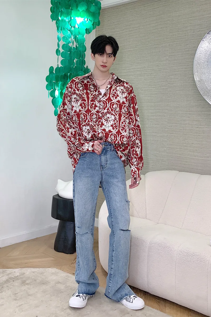 

Male Streetwear Hip Hop Vintage Print Fashion Show Dress Shirts Stage Clothing Men Retro Fashion Long Sleeve Casual Shirts