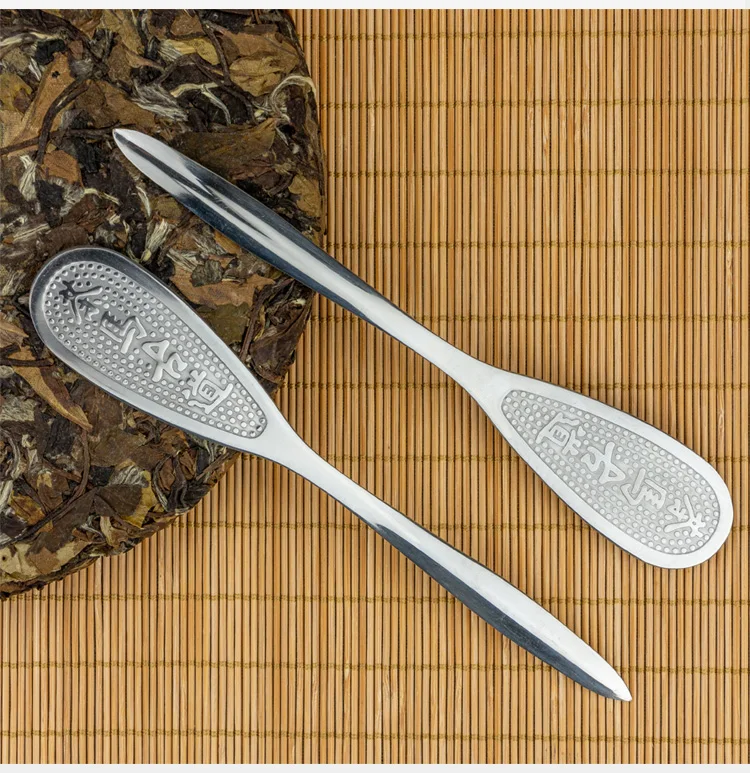 

Metal Stainless Steel Tea Knife Cutter Prying Metal Green Pattern Tea Knife Chinese Cadeau Verpakking Silver Teaware Gift EA60CD