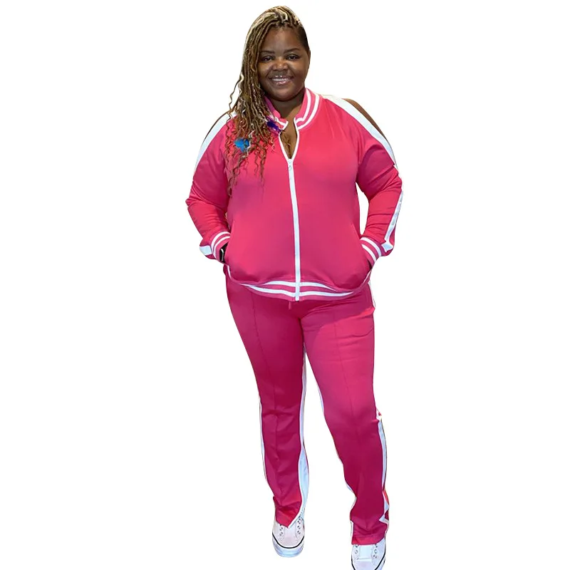 

New Arrivals Plus Size Women Tracksuits Stripes Hollow Out Casual Lady Zipper Full Sleeve Coats + Split Sport Pants 2pcs Sports