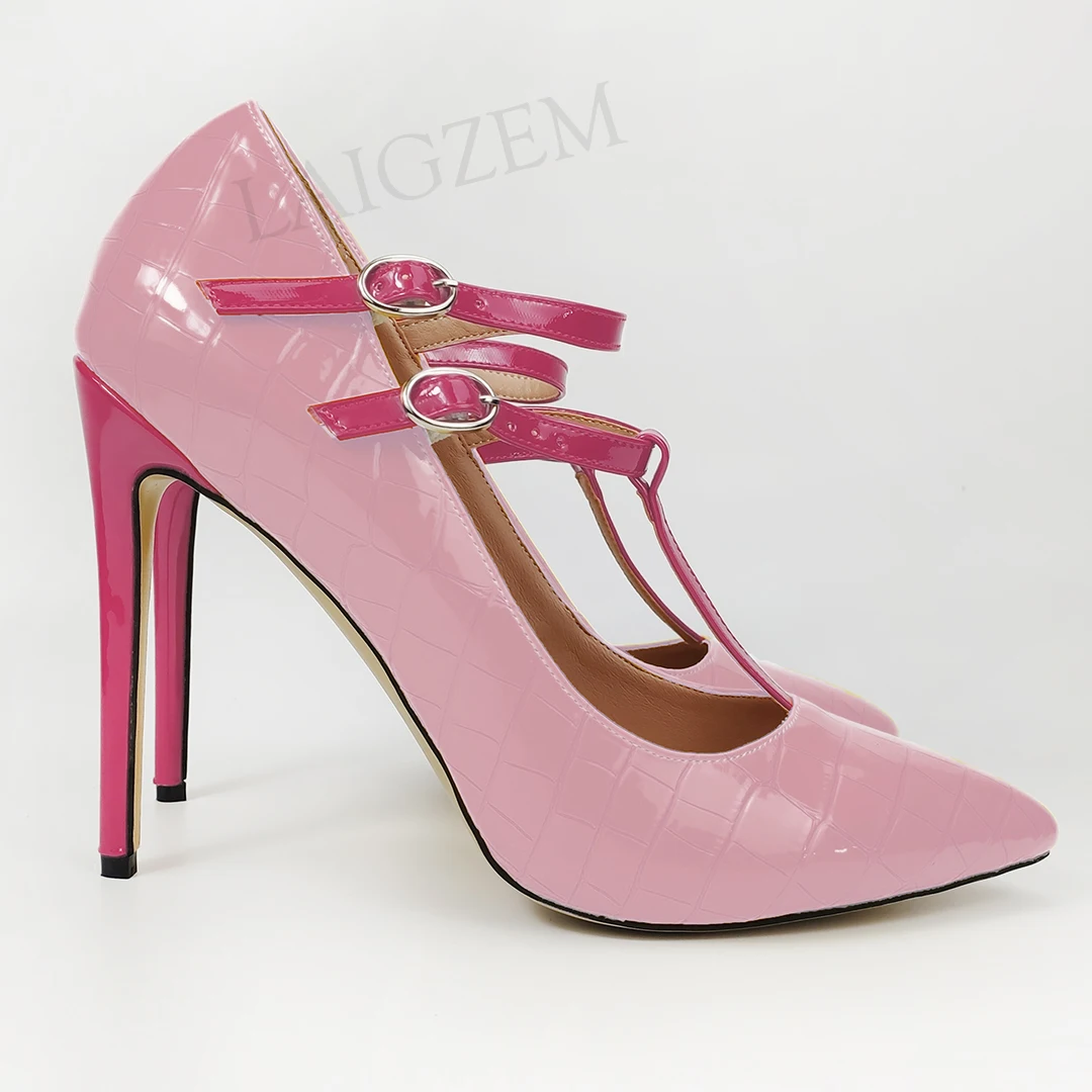 

LAIGZEM Women Pumps Pointed Toe T Strap Patchwork Stiletto Heels Party Ladies Shoes Buckle zapatillas mujer Large Size 43 45 47
