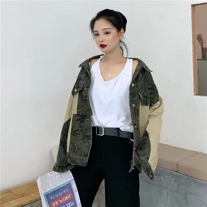 

Женская джинсовая куртка в стиле Харадзюку, армейская зеленая камуфляжная куртка в стиле пэчворк, Повседневная ветровка оверсайз с длинным...