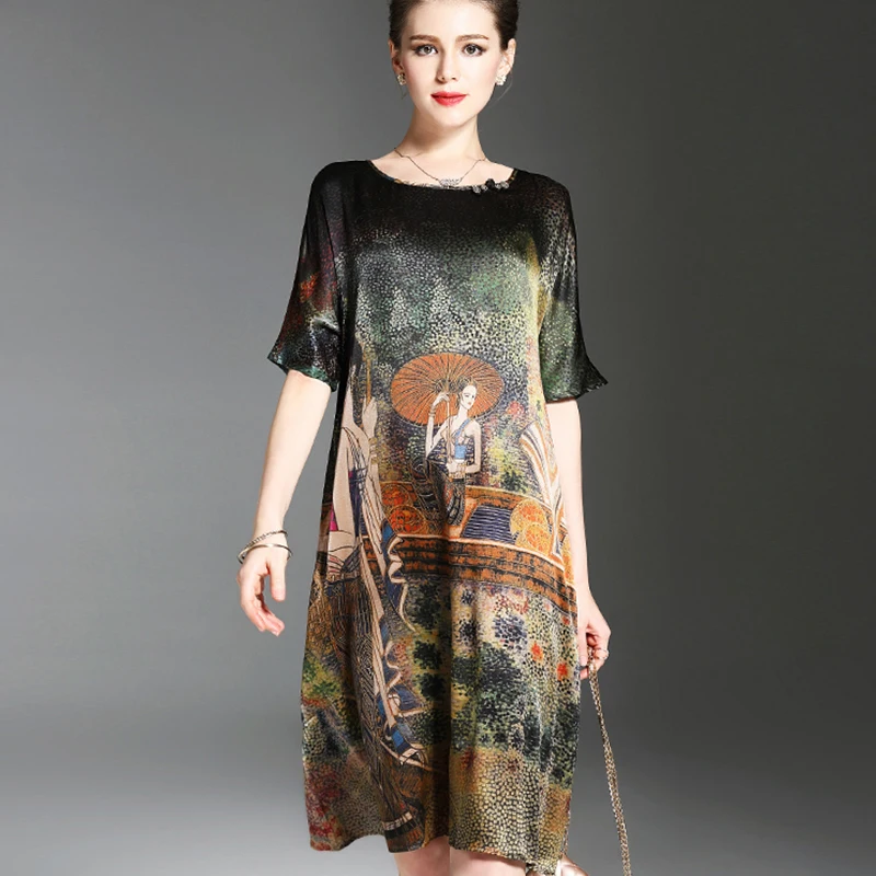 Женское шелковое платье с принтом свободное элегантное винтажное большого