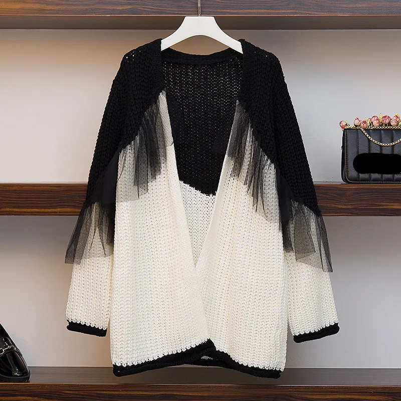 Женский трикотажный кардиган с оборками винтажный сетчатый длинный пончо