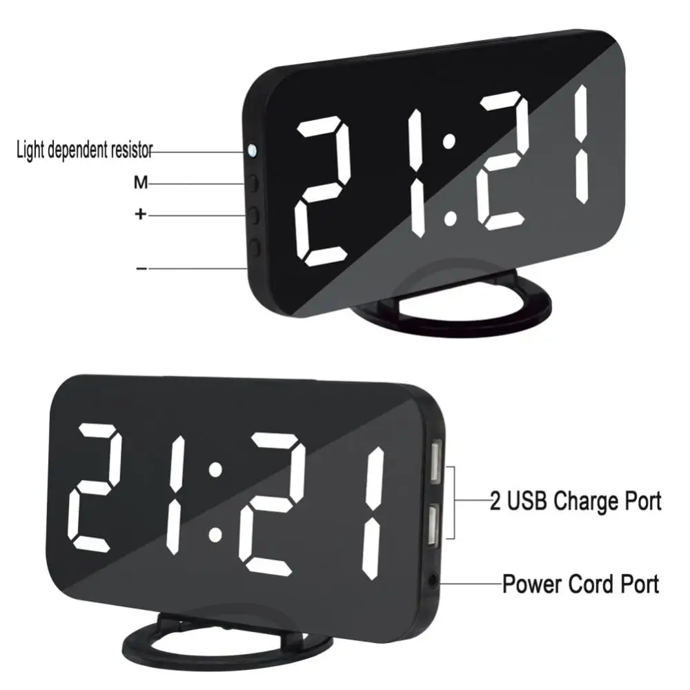 

Minimalist Digital LED Mirror Dual USB Port Charge Phone Snooze Desk Alarm Clock Luminous Design LED Display Mirror Clock
