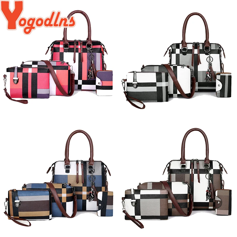 Yogodlns Luxury Handbags plaid Women Bags Designer 2021 tassel Purses and Set 4 Pieces Female Feminina travel tote |