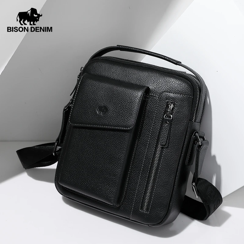 

Мужская сумка через плечо BISON DENIM из натуральной кожи с двойной молнией, сумка через плечо для мужчин, мужская сумка с верхней ручкой, 9,7 дюйма...