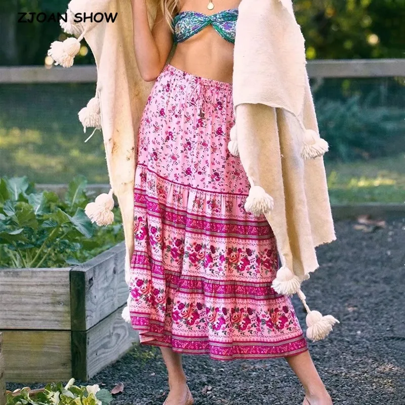 

Bohemia Floral Print Long Skirt Turquoise Spliced Ruched Ruffle Hem Hippie Women Adjust Stream Waist Swing Skirts Holiday Beach