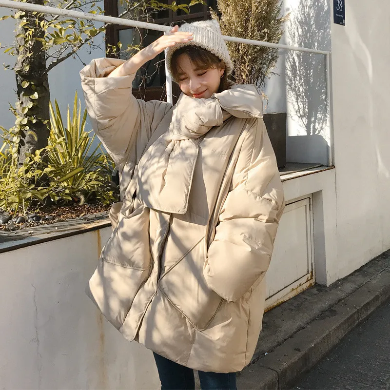 

2020 Women Oversized Winter Down Jacket Solid With Scarf Warm Female 90% White Duck Down Jacket Coat Loose Girls Parka Tops m791