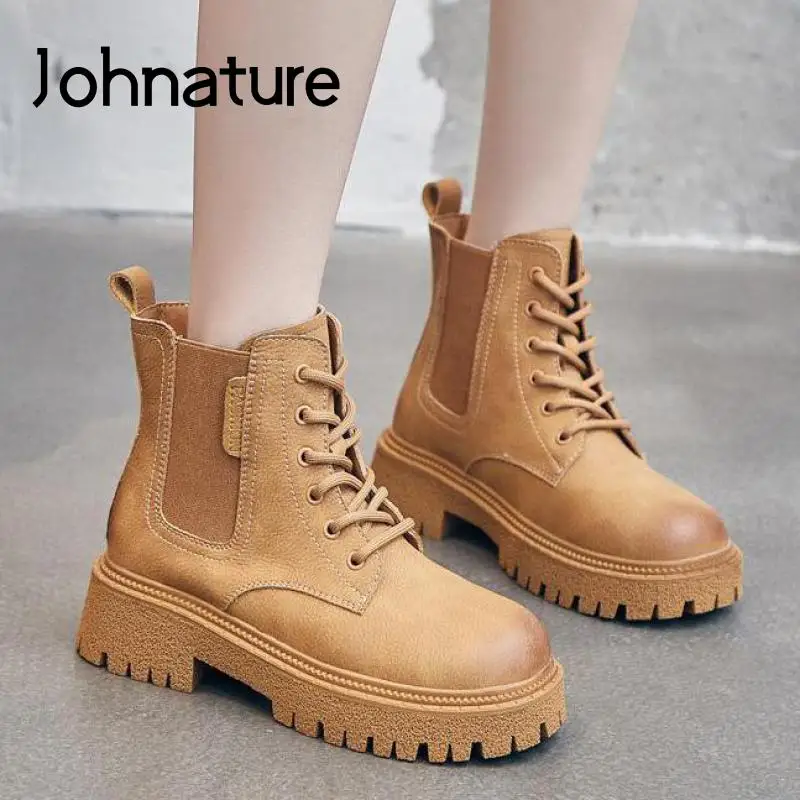 

Женские ботинки на платформе Johnature, повседневные ботинки ручной работы на шнуровке, с круглым носком, для отдыха, Осень-зима 2021