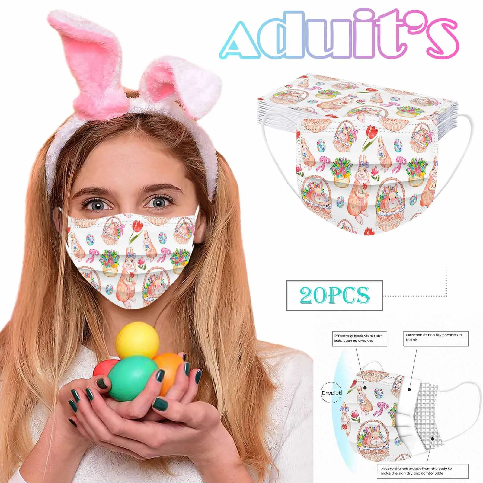 20pc Adult's Easter Day Mask Disposable Face Industrial 3-Layer Masks Egg Rabbit Print Protective Mascaras mascarillas | Красота и
