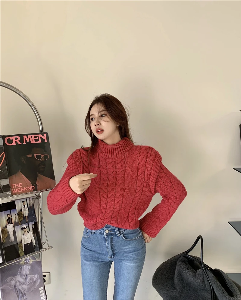 

womens knitted Sweater Autumn and winter 2021 loose korean style female Soild Color red Sweaters and pullovers womens (R99516)