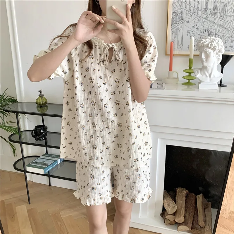 

Alien Kitty Casual Femme Soft Florals Chic 2021 Summer Cotton Yarn Loose Two Piece Suit New Sweet Printed Homewear Pajamas Sets