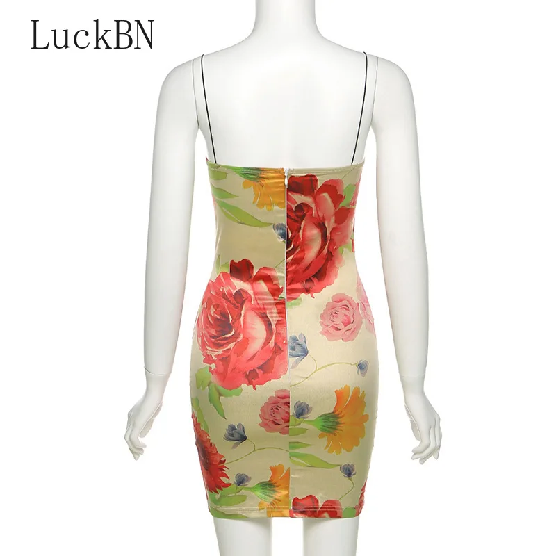 

Ladies Summer Dress 2021 New Style Sling Neckline Fashion Print Slim Fit Bag Hip Dress Party Club Beach Clothing Vintage Dress