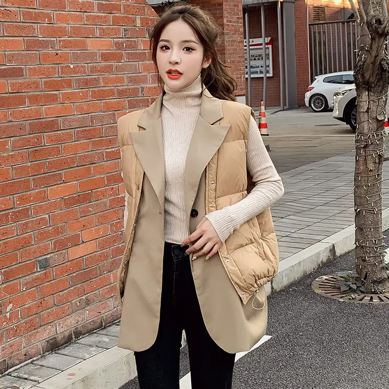 

Fall Winter Korean Fashion Suit Collar Stitching Waistcoat Fake Two Piece Lightweight Vest Jacket Women Sleeveless Blazer y1318