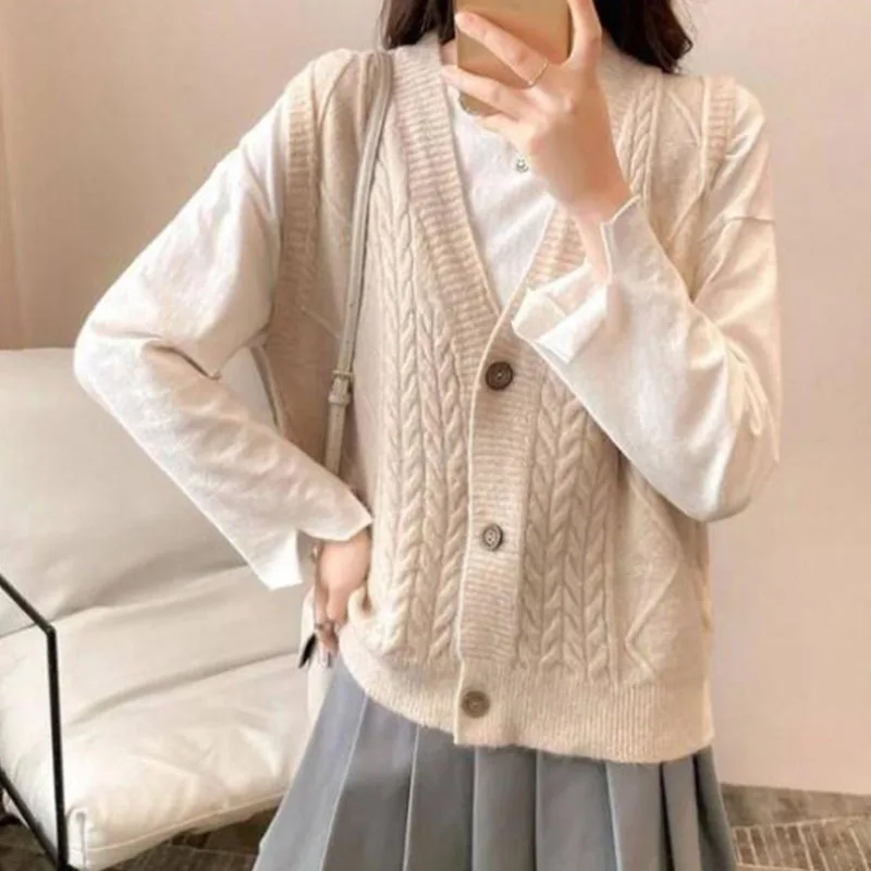 Осенний женский однотонный вязаный свитер жилет для девочек с v образным вырезом