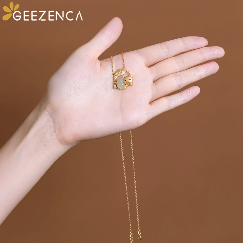 

Jasper Cute Cat Leaf S925 Silver Gold Plated Pendant Necklace Hetian Jade Fine Jewelry for Women Choker Necklaces Trendy Gift
