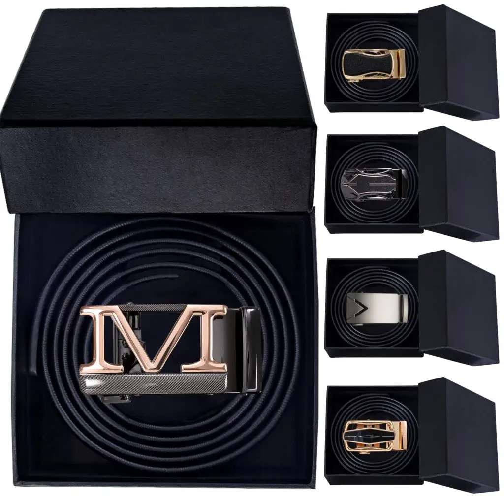 Hi-Tie Boxed Mens Belts Black Leather Men Belt for Son Father Automatic Buckles Ratchet Dress Jeans Waistband Sliding Strap Gift