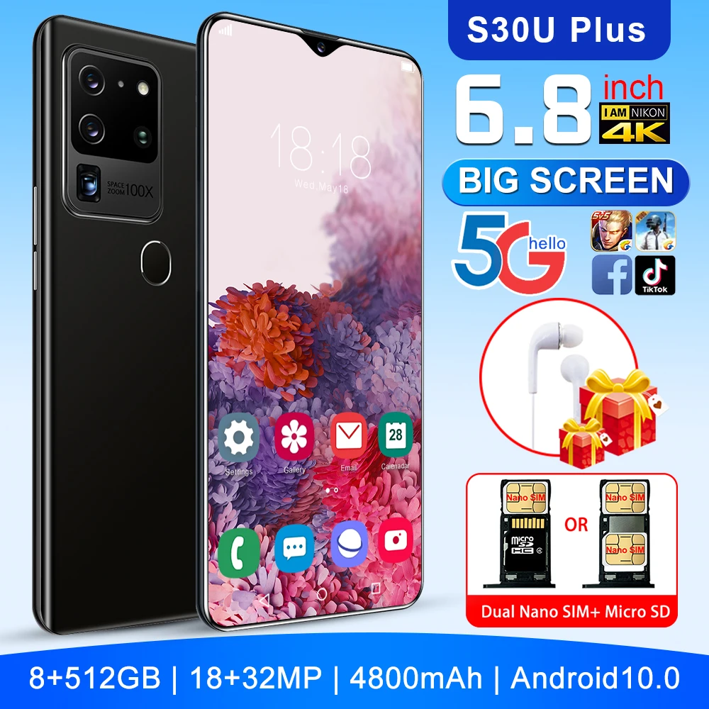 

Смартфон S30U Plus, 6,8 дюйма, Android, разблокированные мобильные телефоны, 24 Мп + 48 МП, 8 ГБ, 512 ГБ, сотовый телефон, 4800 мАч