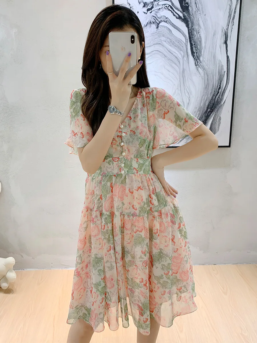 

2021 Summer V-Neck Short Ruffle Sleeves European Gentle Wind Single Breasted Floral Printing Chiffon Dress Women